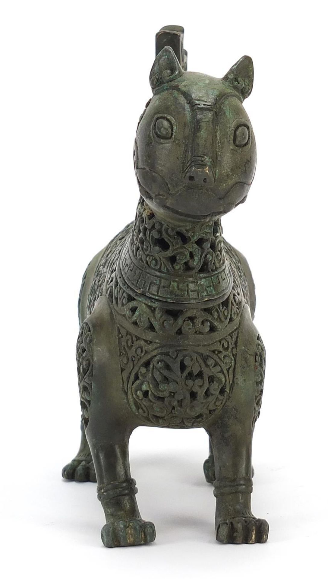 Islamic Verdigris bronze mythical animal incense burner with articulated head, 18cm in length : - Image 2 of 8