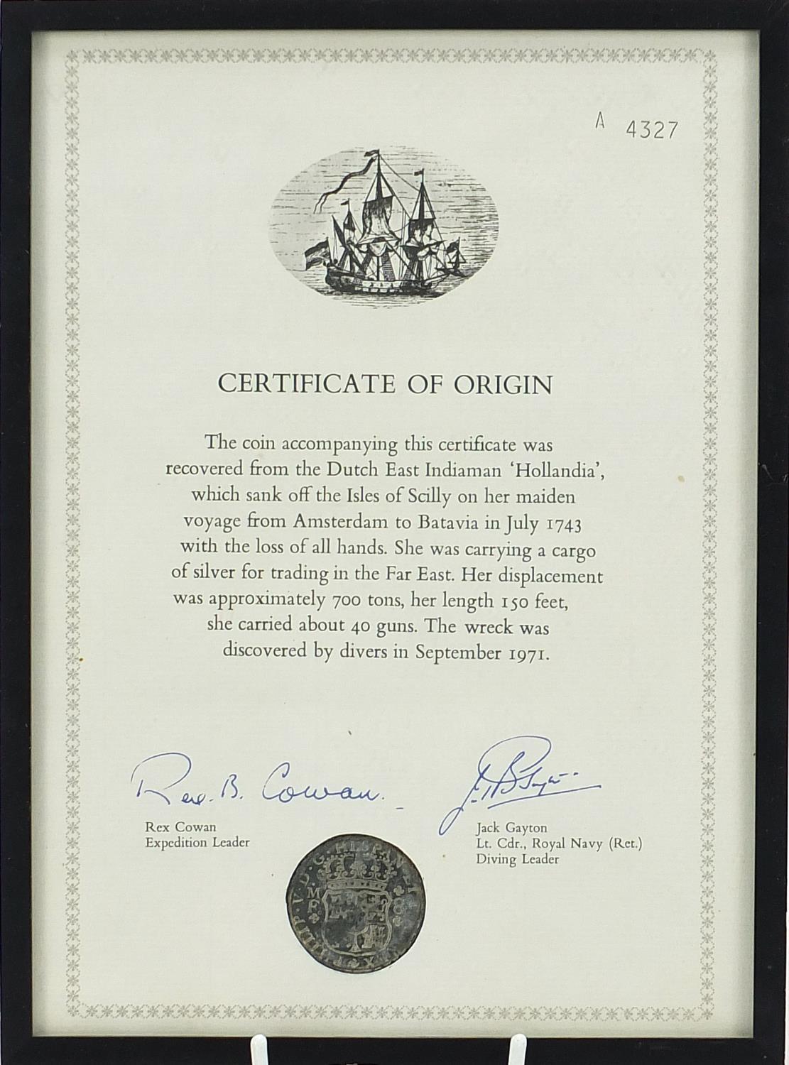 Dutch East Indiaman Hollandia shipwreck coin with certificate of origin, framed and glazed,