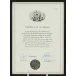 Dutch East Indiaman Hollandia shipwreck coin with certificate of origin, framed and glazed,