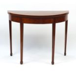 Georgian line inlaid mahogany demi lune tea table, 74cm H x 95cm W x 47cm D when closed :