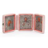 Silver mounted Russian Orthodox tryptic folding icon, impressed marks, each panel 7cm x 6cm :