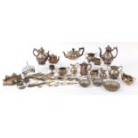 Silver plated items including teapots, flatware and toast racks :