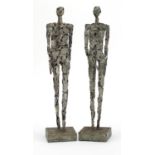Two Modernist silvered metal sculptures of a nude male and female in the style of Bernard Moore,