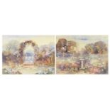 Patricia Mayne - Flower gardens, pair of heightened watercolours, mounted, framed and glazed, each