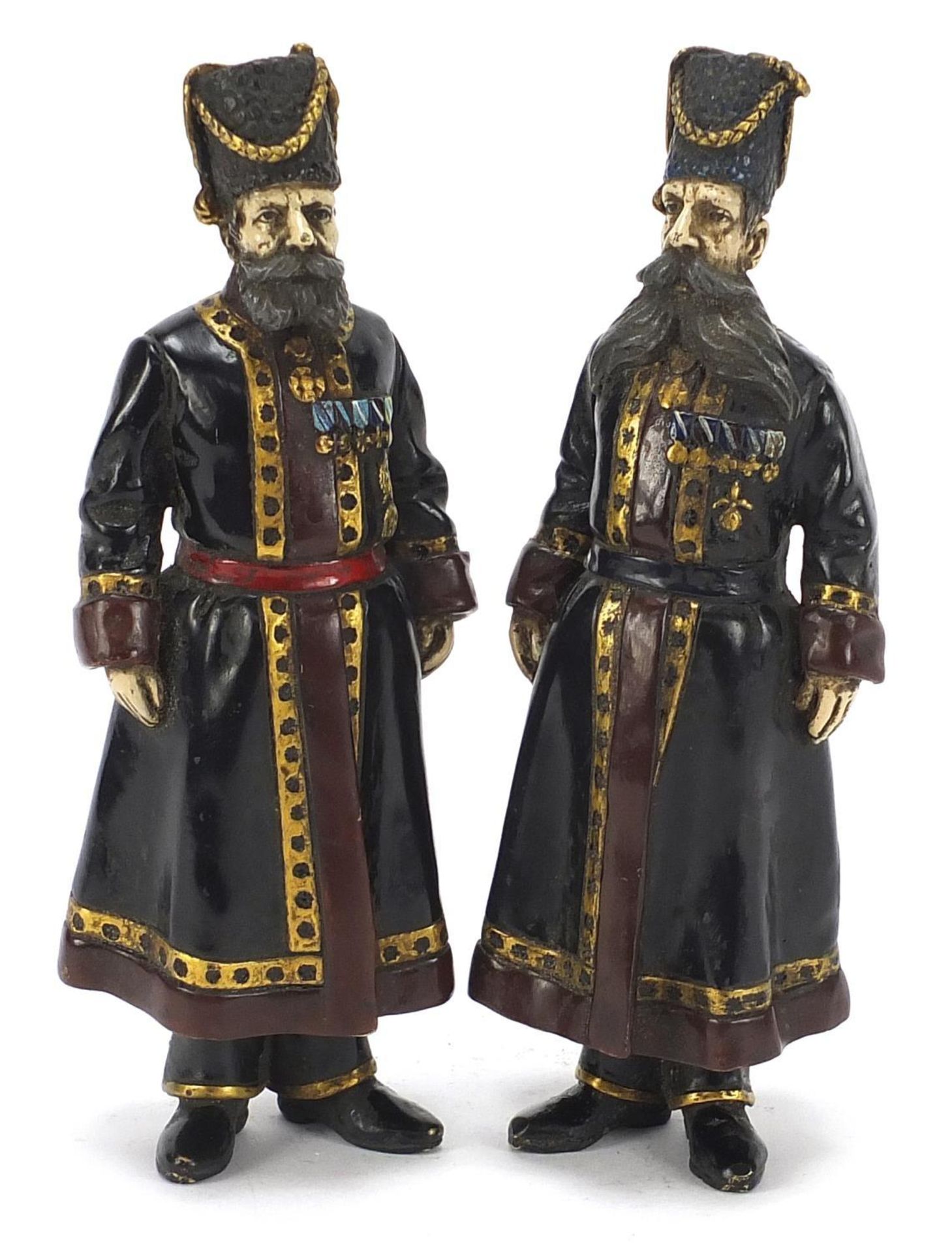 Pair of cold painted bronze figures of Russian officers in military dress, each approximately 18cm