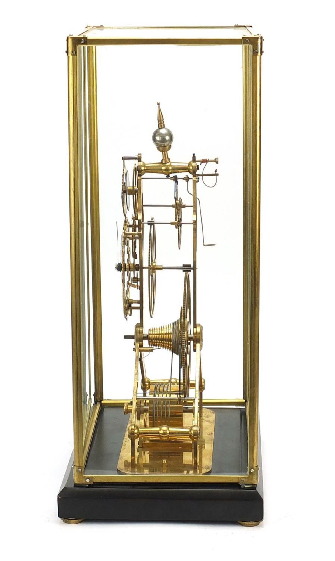 Gothic style brass skeleton clock with moon face dial and glass display case, with key and pendulum, - Image 2 of 6