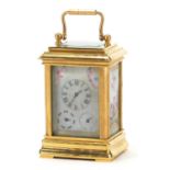 French style gilt metal perpetual carriage clock with Sevres style panels, 8cm high :