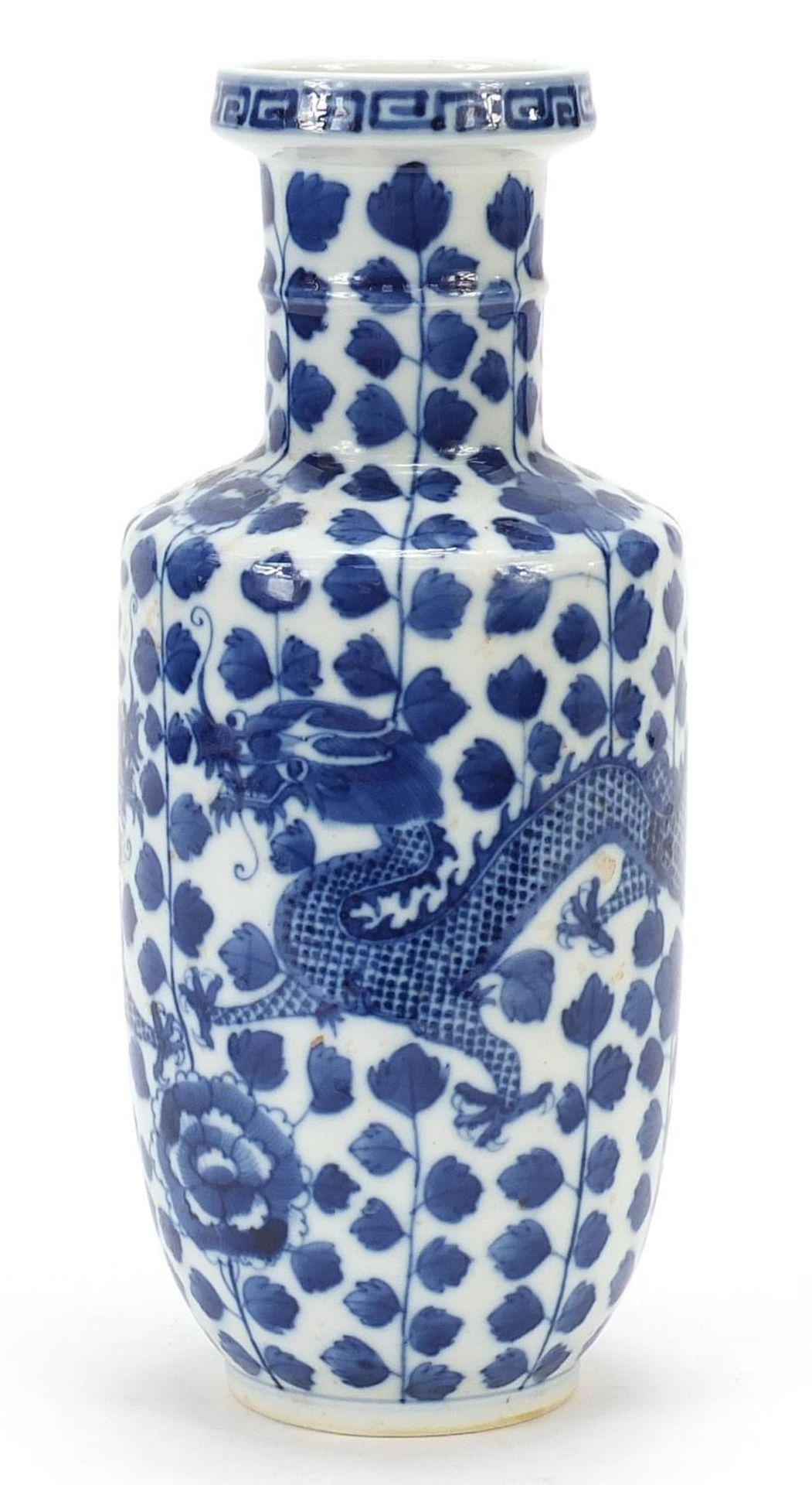 Chinese blue and white porcelain rouleau vase hand painted with two dragons amongst flowers, four