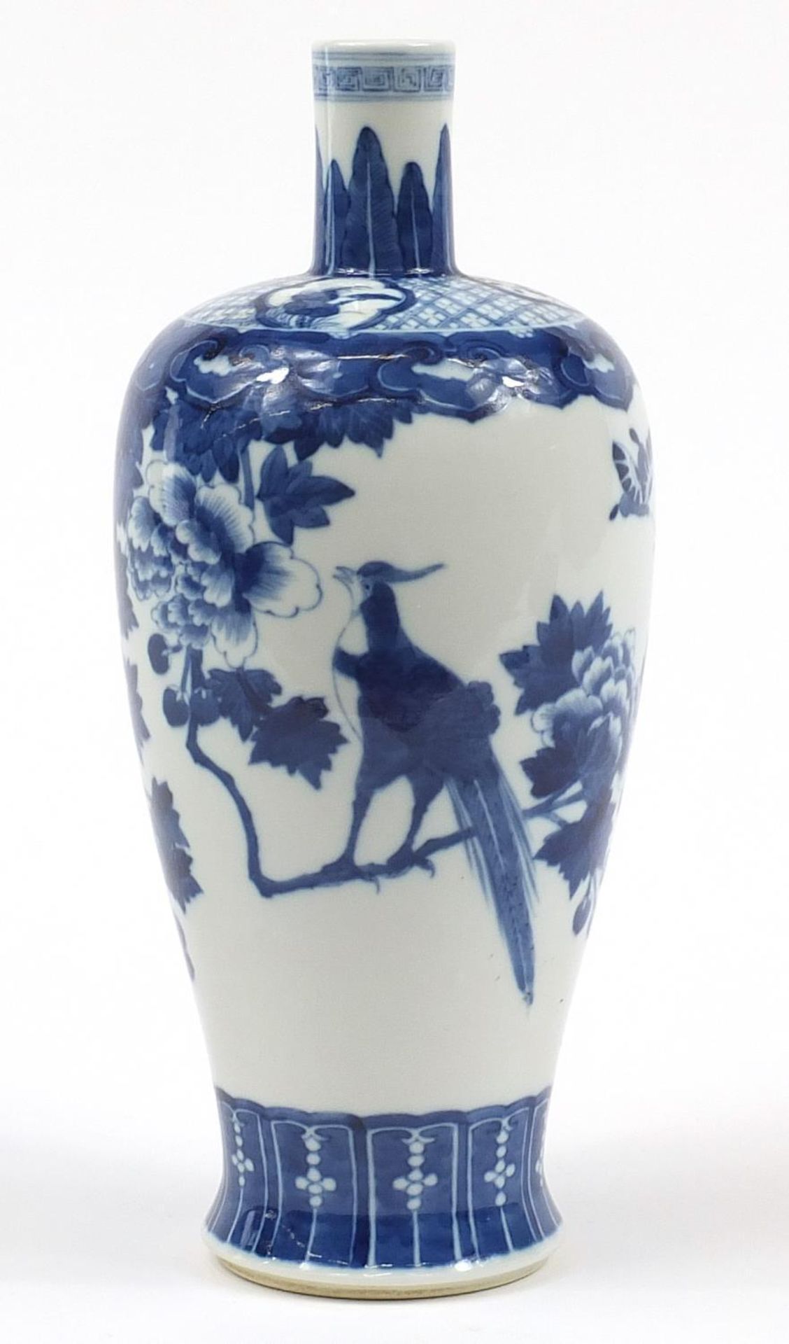 Large Chinese blue and white porcelain vase hand painted with butterflies and a bird amongst
