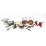 Vintage kitchenalia including enamelled flour bin and copper kettles, the largest 29cm in length :