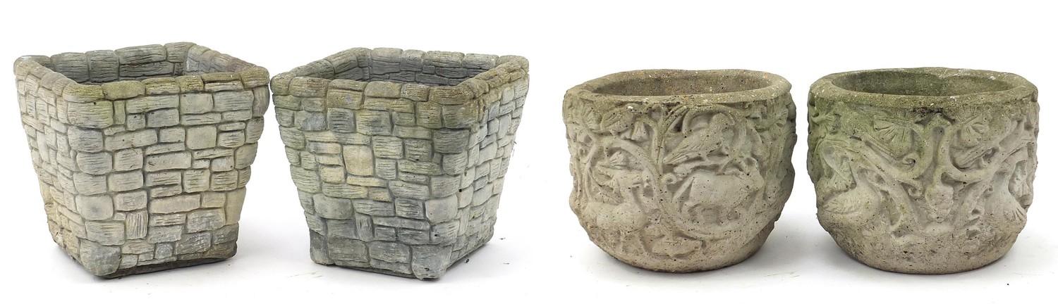 Two pairs of stoneware garden planters, the largest 23cm high :