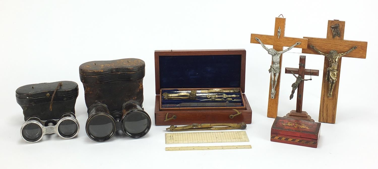 Antique and later objects including pair of tortoiseshell opera glasses, mahogany cased drawing