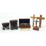 Antique and later objects including pair of tortoiseshell opera glasses, mahogany cased drawing