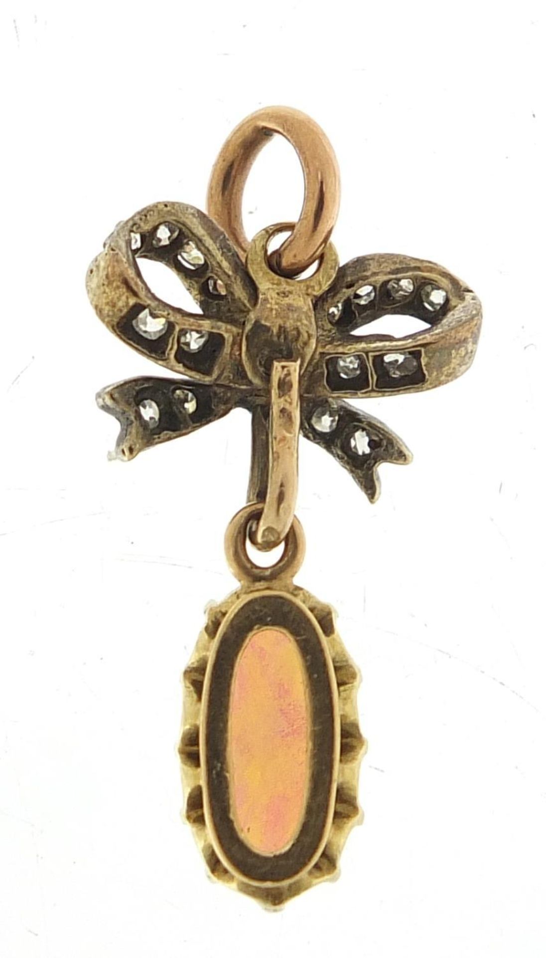 Antique unmarked gold cabochon opal and diamond pendant, 2.5cm high, 2.0g : - Image 2 of 2