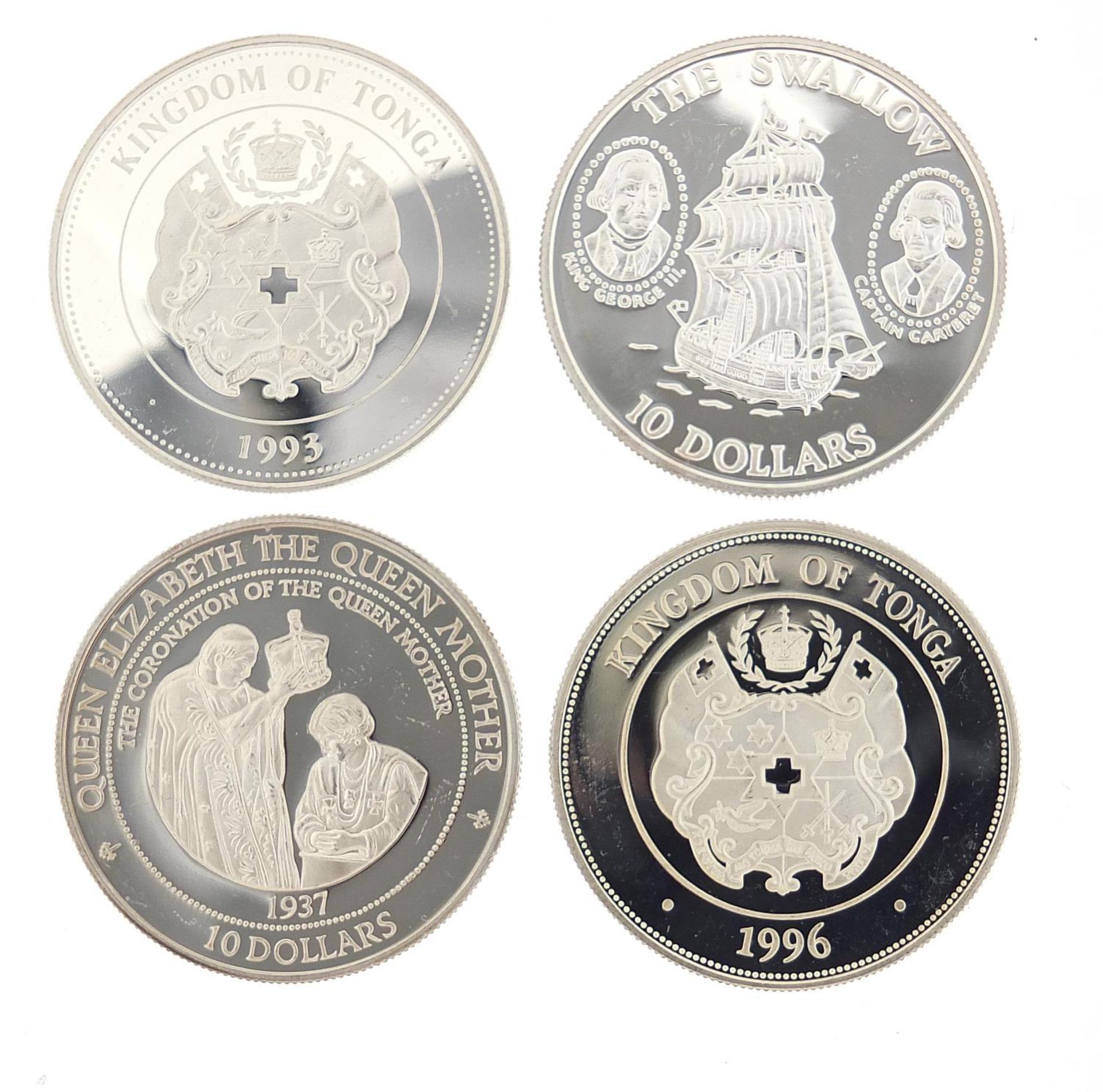 Four silver commemorative coins including two from Queen Elizabeth, The Queen Mother's collection,
