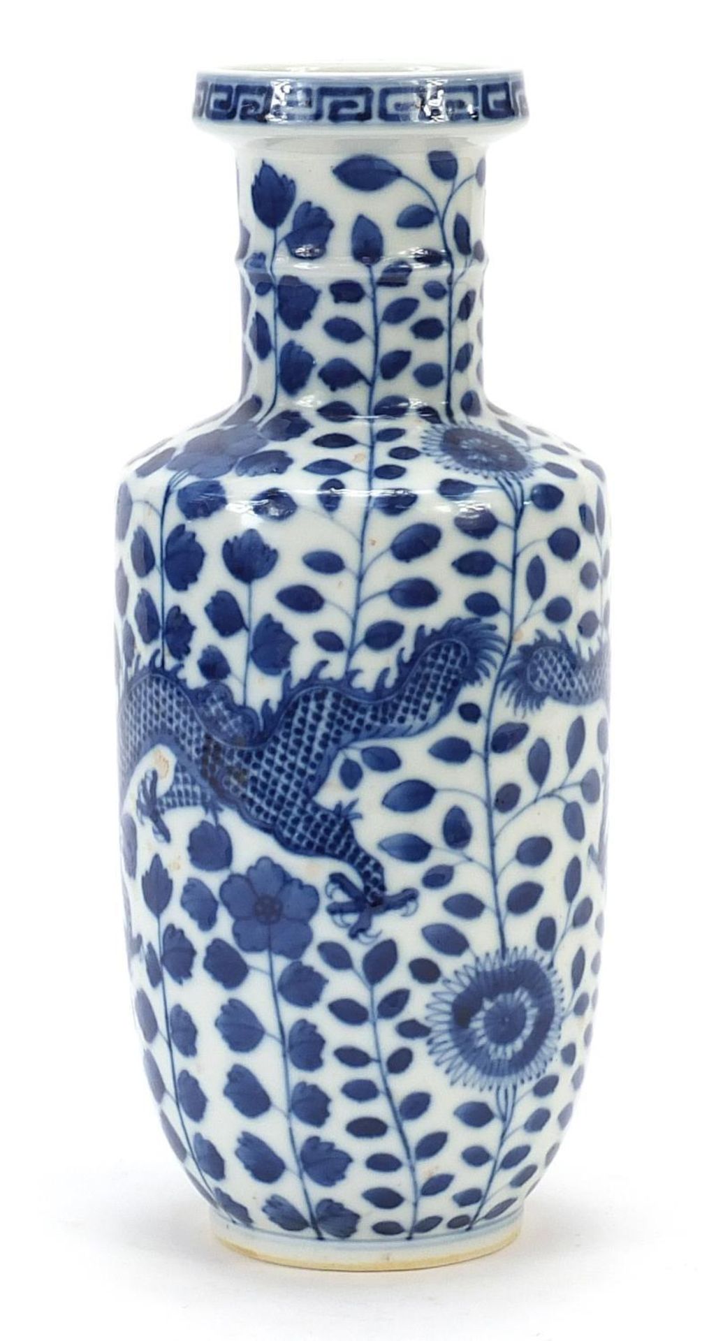 Chinese blue and white porcelain rouleau vase hand painted with two dragons amongst flowers, four - Image 4 of 7