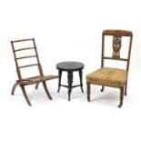 Occasional furniture including a campaign style folding chair, inlaid occasional chair and