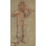 Young boy with violin, coloured chalk, indistinctly signed, mounted, framed and glazed, 41cm x 22.