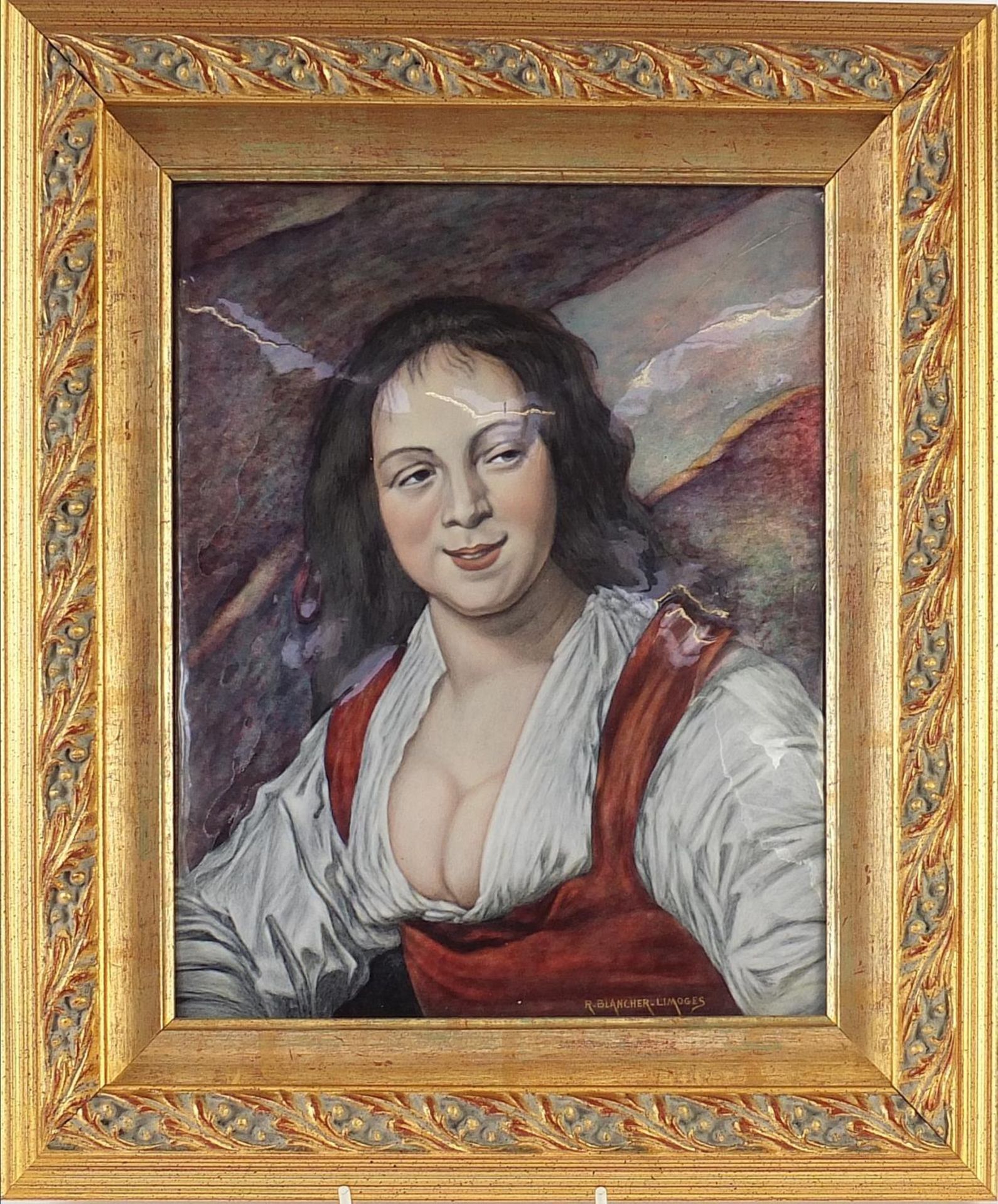 R Blancher for Limoges, French enamel panel hand painted with a female, mounted and framed, 24cm x - Image 2 of 5