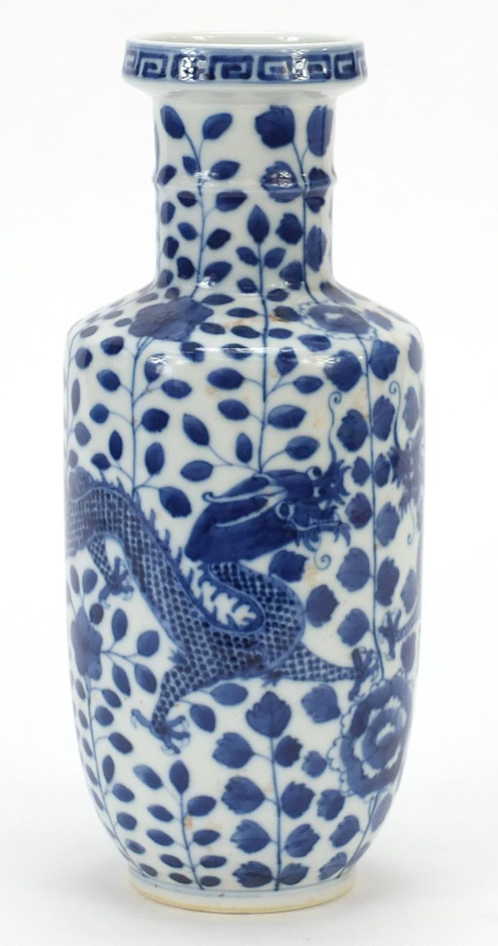 Chinese blue and white porcelain rouleau vase hand painted with two dragons amongst flowers, four - Image 2 of 7
