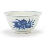 Chinese blue and white porcelain bowl hand painted with fruit, four figure character marks to the