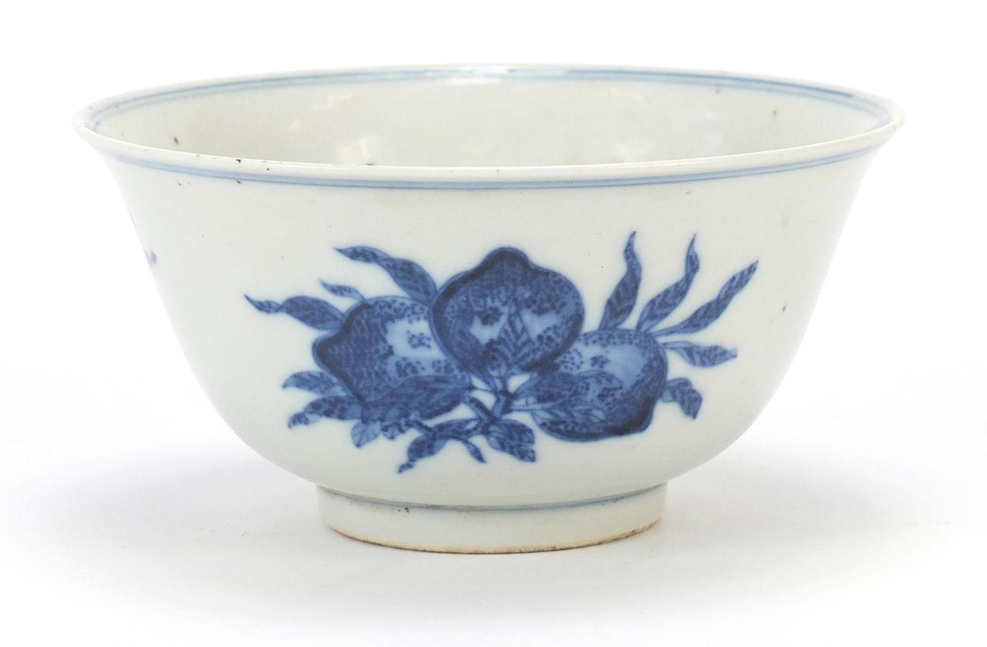 Chinese blue and white porcelain bowl hand painted with fruit, four figure character marks to the