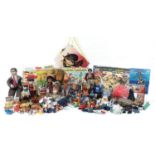 Vintage and later toys and games including crossbows and catapults, magic robot and large Mr Bean