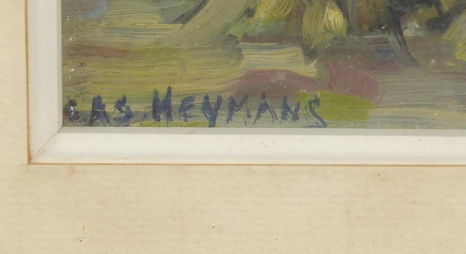 Bas Heymans - Hayricks, oil, inscribed verso, mounted, framed and glazed, 19.5cm x 17cm excluding - Image 3 of 5