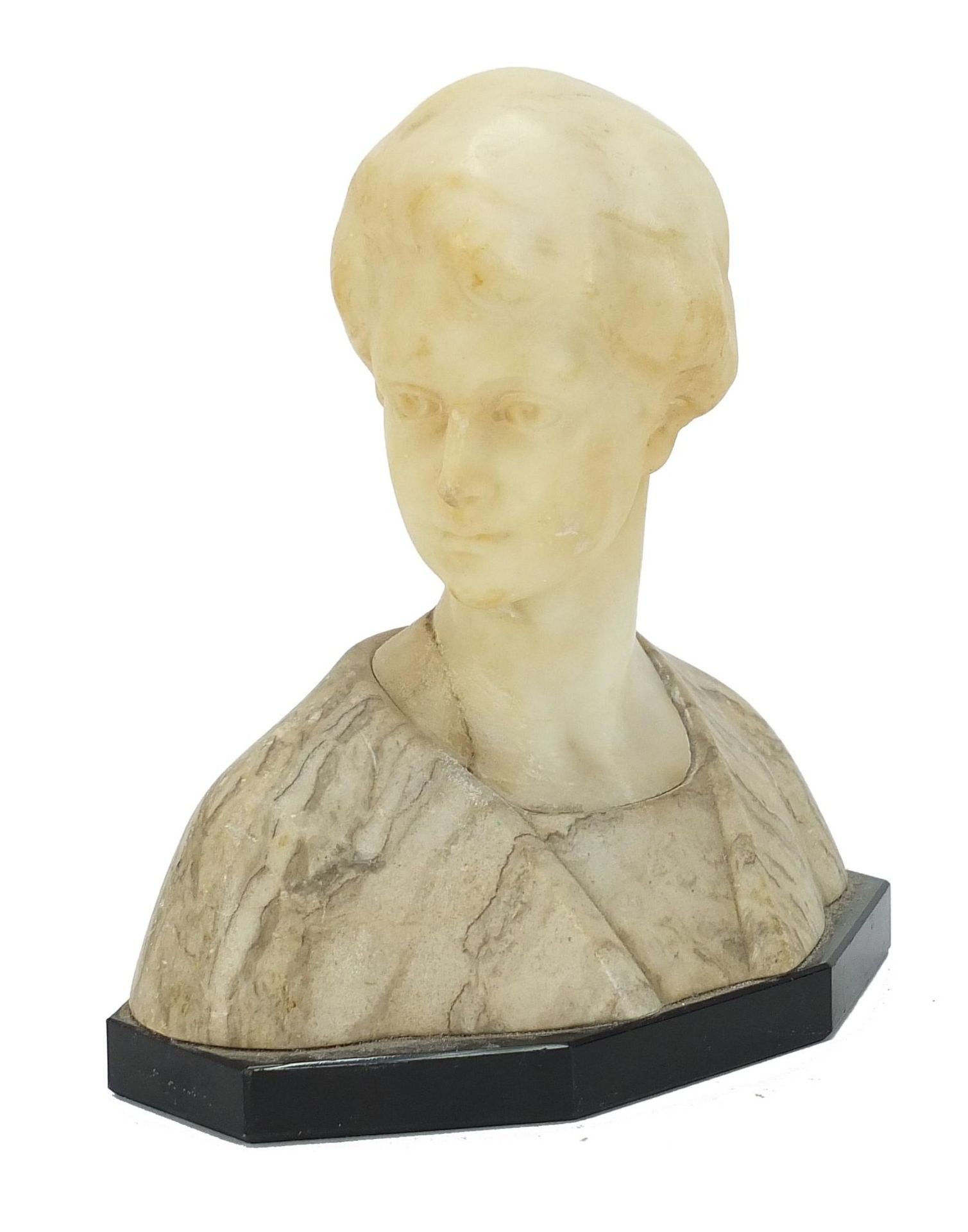 Art Deco alabaster, marble and black slate bust of a young female, 20.5cm high :