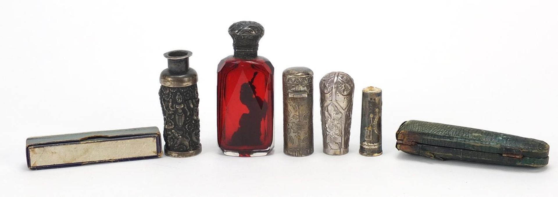 Antique and later silver objects including a Victorian ruby glass scent bottle with silver lid, - Image 4 of 4