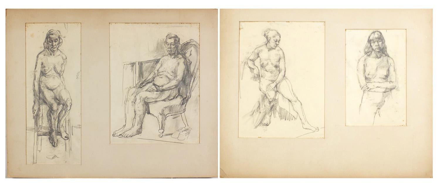 Nude figural studies, four pencil drawings on paper, mounted, unframed, the largest 29cm x 21.5cm