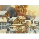 Victor Zolotov - Village under snow, Russian school watercolour, mounted, framed and glazed, 25cm