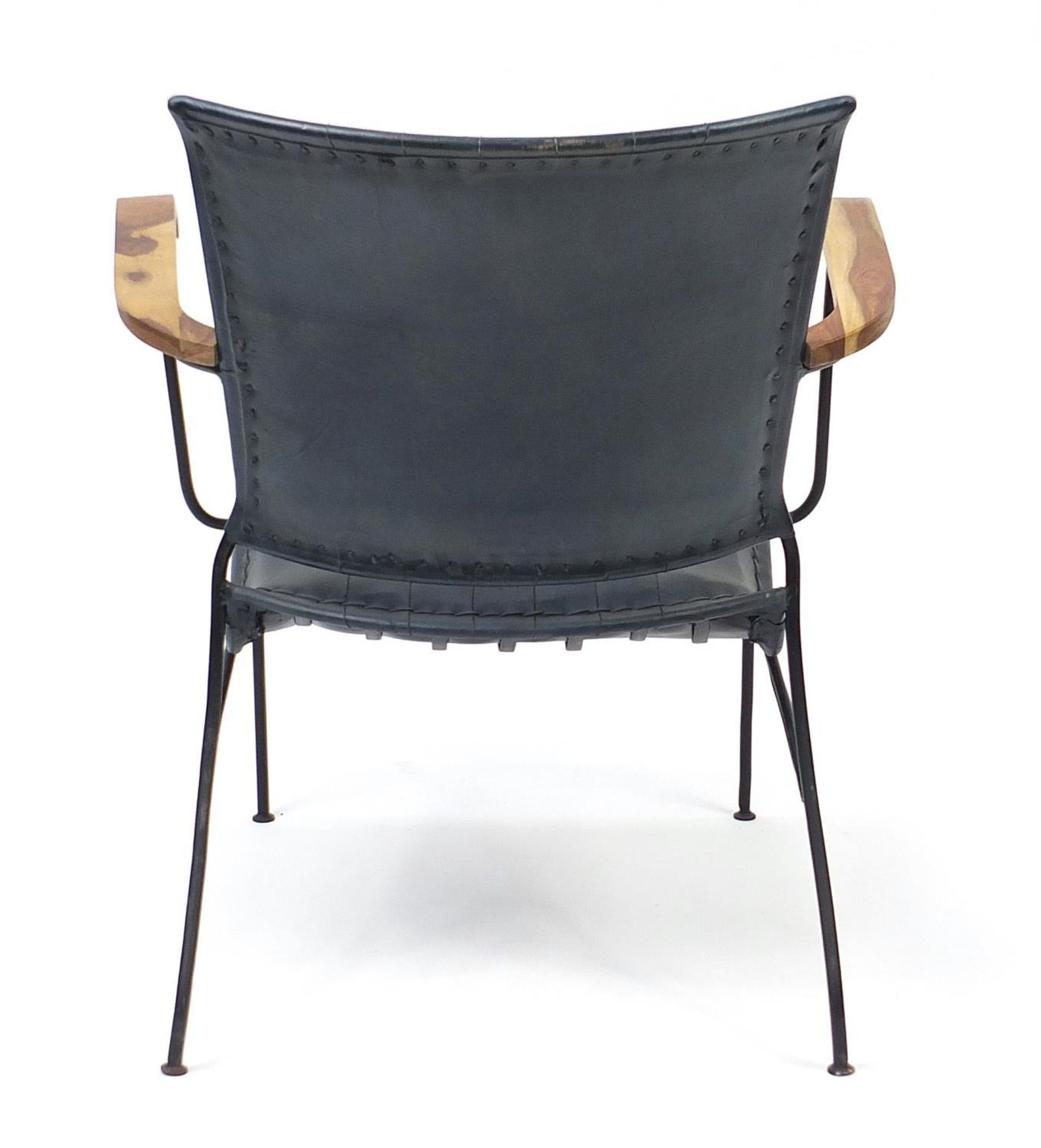 Industrial hardwood and leather design elbow chair, 75cm high : - Bild 4 aus 4