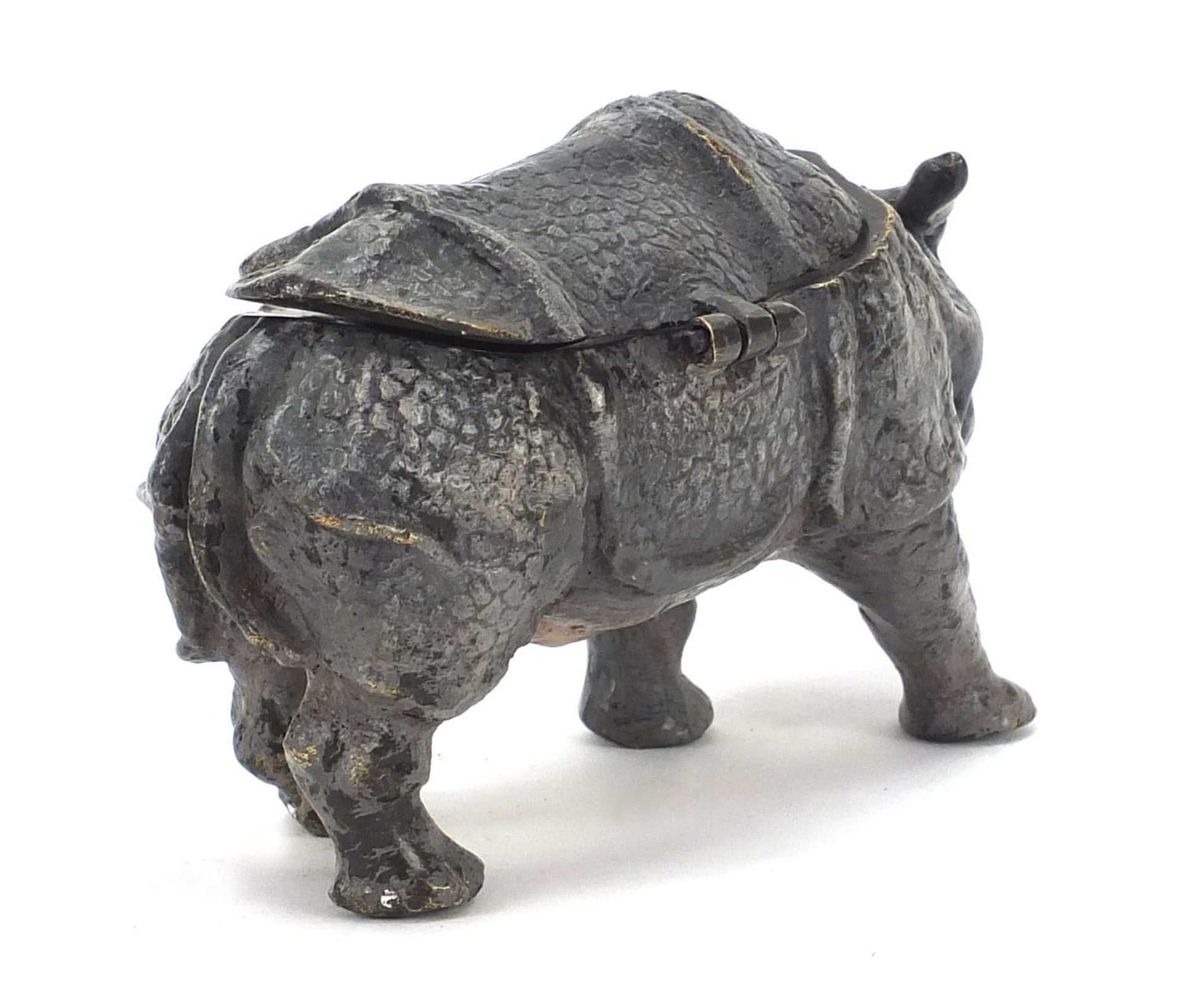 Cold painted bronze double inkwell in the form of a rhinoceros, 16cm wide : - Image 3 of 4