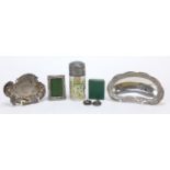 Silver and white metal objects including Art Nouveau silver dish, sports jewels and a sterling