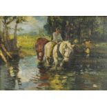 Figure on horseback walking in water, oil on board, framed, 30.5cm x 21cm excluding the frame :
