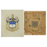 Heraldic coat of arms, two 19th century watercolours, framed and glazed, 27cm x 23cm and 22cm x 20.