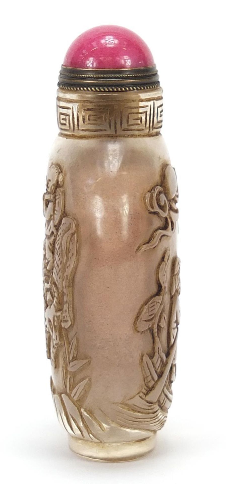 Chinese rock crystal snuff bottle with hardstone stopper carved with figures and birds, 9.5cm high : - Image 2 of 6