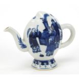 Chinese blue and white porcelain teapot of peach form, hand painted with figures and butterflies