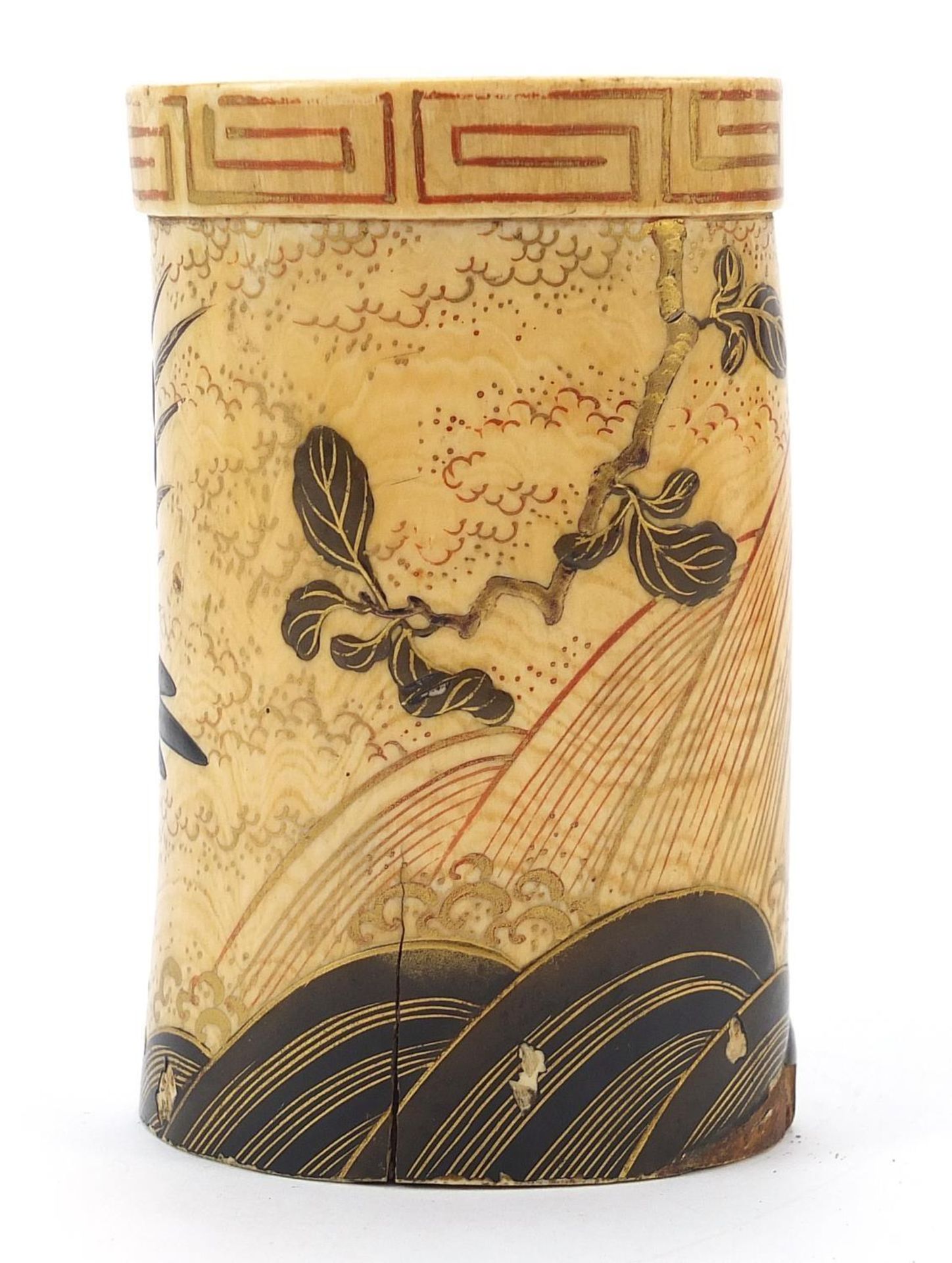 Japanese ivory tusk section lacquered and gilded with two birds of paradise, 9cm high : - Image 3 of 6