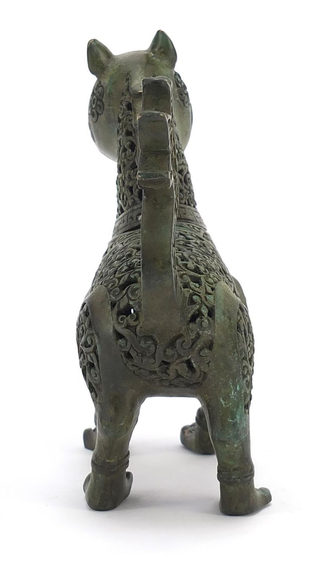 Islamic Verdigris bronze mythical animal incense burner with articulated head, 18cm in length : - Image 4 of 8
