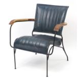 Industrial hardwood and leather design elbow chair, 75cm high :