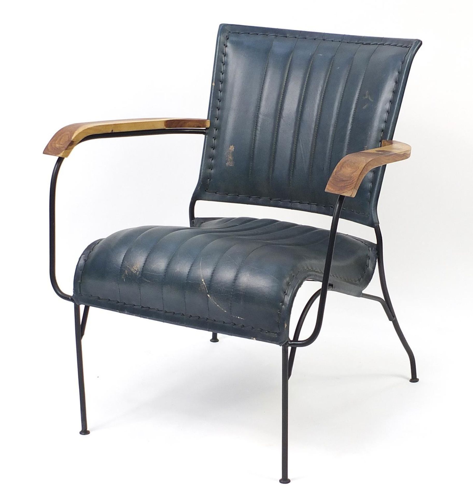Industrial hardwood and leather design elbow chair, 75cm high :