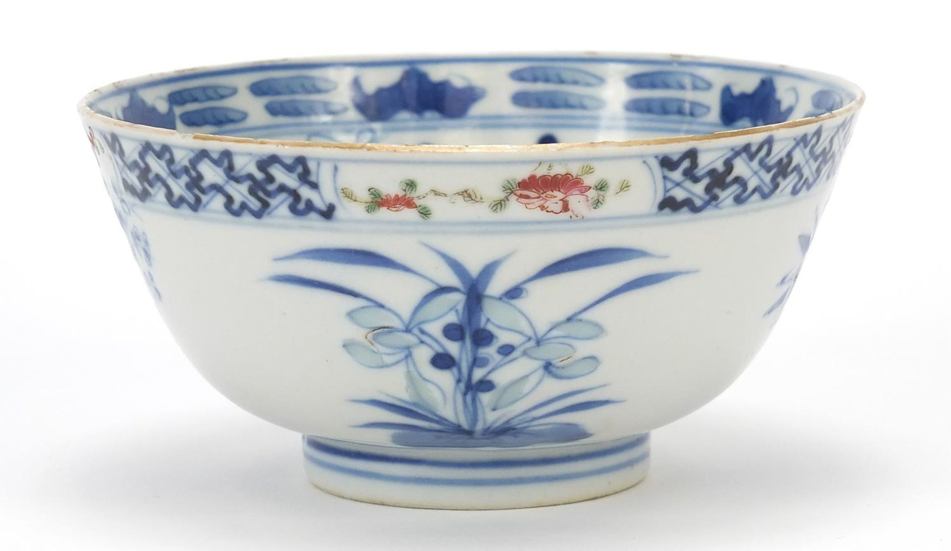 Chinese blue and white porcelain bowl hand painted in the famille rose palette with flowers, six - Image 4 of 8
