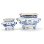 Two Chinese blue and white porcelain censers with animalia handles, the largest 14cm high x 22cm