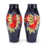Large pair of William Moorcroft style vases hand painted with fruit, each 40.5cm high :