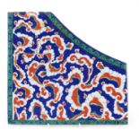Large Turkish Iznik tile corner fragment hand painted with foliage, 30.5cm x 29cm :