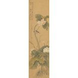 Bird amongst lilies, Chinese watercolour on paper scroll with calligraphy and red seal marks,