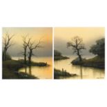 Michael Hill 1986 - Trees beside water, pair of oil on boards, mounted and framed, each 16.5cm x