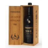 Bottle of 1981 Ferreira late bottled vintage port with pine crate :